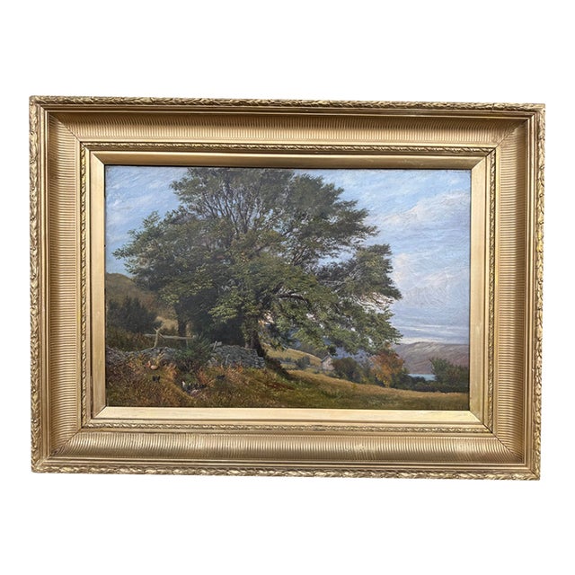 Antique Oil Painting Landscape by Maxwell 1885 Trees Water Mountains Gold Frame For Sale