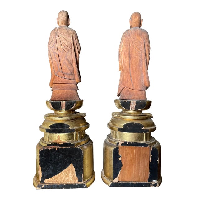 Japanese Antique Japanese Taishō Carved Zushi Monks on Gilt Bases- A Pair For Sale - Image 3 of 8