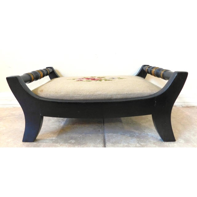 Black Vintage Mid-Century Hitchcock Black & Gold Floral Needlepoint Footstool For Sale - Image 8 of 14