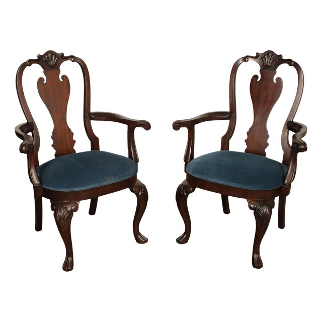 Ethan Allen Queen Anne Style Pair of Carved Mahogany Armchairs For Sale