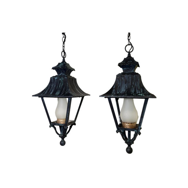 Mid 20th Century Pair of English Style Verdigris Lantern Chandeliers For Sale - Image 4 of 8