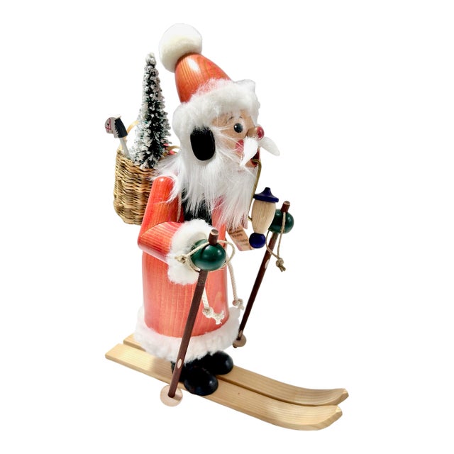Christian Ulbricht German Santa Nutcracker on Skis - Erzgebirge Hand Carved Wooden Smoker - Vintage Alpine Holiday Decor For Sale