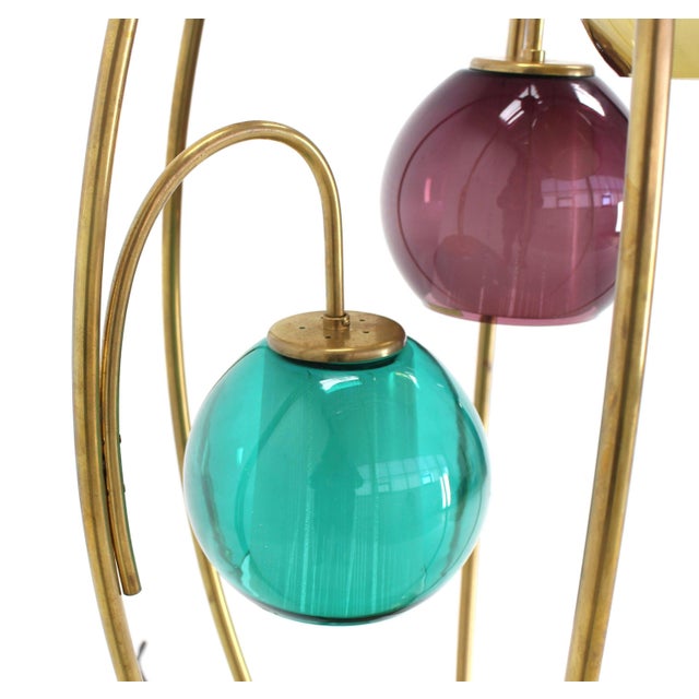 Oval "Bird Cage" Brass Table Lamp Purple Blue Yellow Glass Globe Shades MINT! For Sale - Image 9 of 10