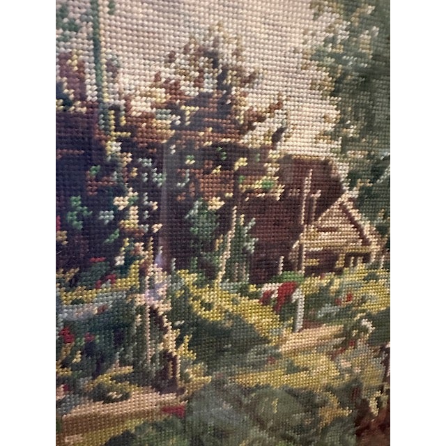 1960s Framed Vintage Needlepoint House Along Stream For Sale - Image 5 of 11