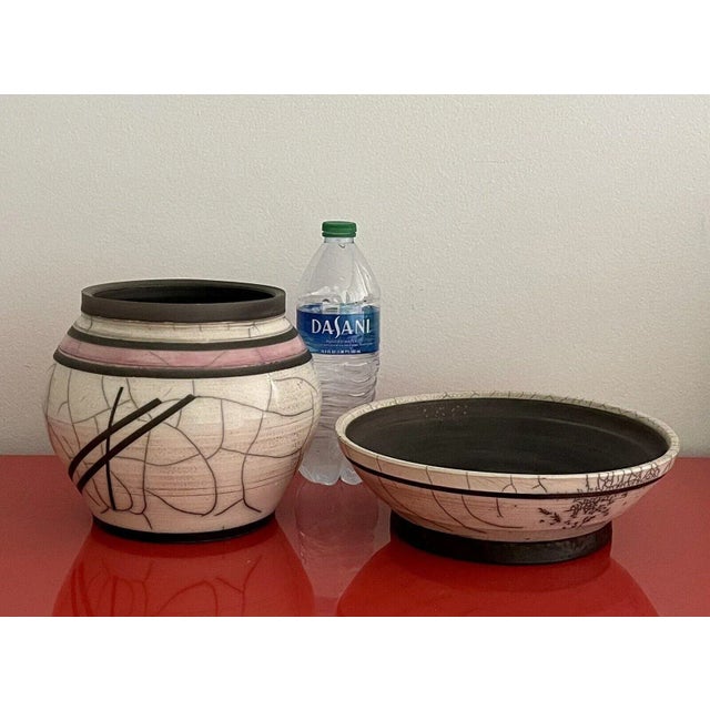 Ceramic 1980s Studio Art Pottery Postmodern Signed Skip Abstract Raku Ceramic Vessel Bowl - Set of 2 For Sale - Image 7 of 9