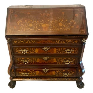 Antique 18th Century Quality Mahogany Floral Marquetry Inlaid Bombe Shaped Bureau, 1780 For Sale