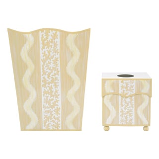 Yellow Ikat Tole Waste Basket & Tissue Box Set For Sale