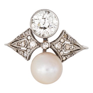 Antique Edwardian Ring 0.80ct Diamond Pearl Sz 6 Moi Et Toi Platinum Jewelry For Sale