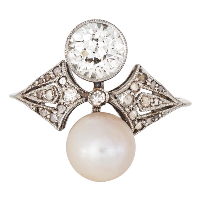 Antique Edwardian Ring 0.80ct Diamond Pearl Sz 6 Moi Et Toi Platinum Jewelry For Sale