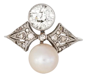 Antique Edwardian Ring 0.80ct Diamond Pearl Sz 6 Moi Et Toi Platinum Jewelry