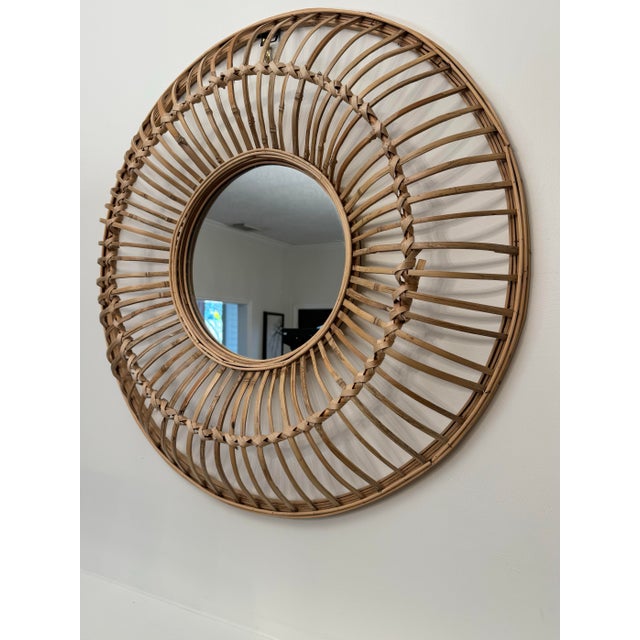 Late 20th Century Large Coastal Rattan Round Wall Mirror For Sale - Image 5 of 12