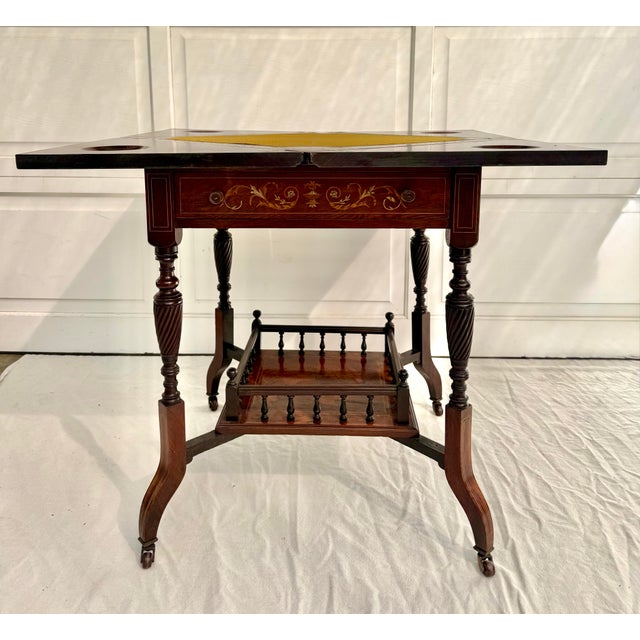 Late 19th Century Antique Louis XVI Marquetry Envelope Folding Game Table With Felt Top & Drawer For Sale - Image 5 of 18