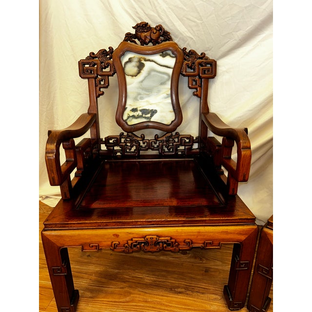 Vintage Chinese Carved Rosewood Armchairs With Dali Marble Panels - A Pair For Sale - Image 4 of 11