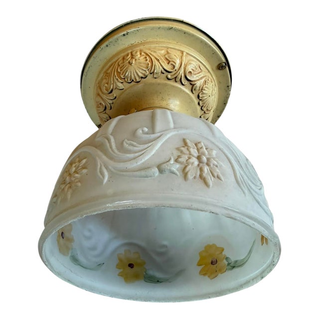 Handpainted Botanical Embossed Ceiling Light Fixture Circa 1920’s For Sale