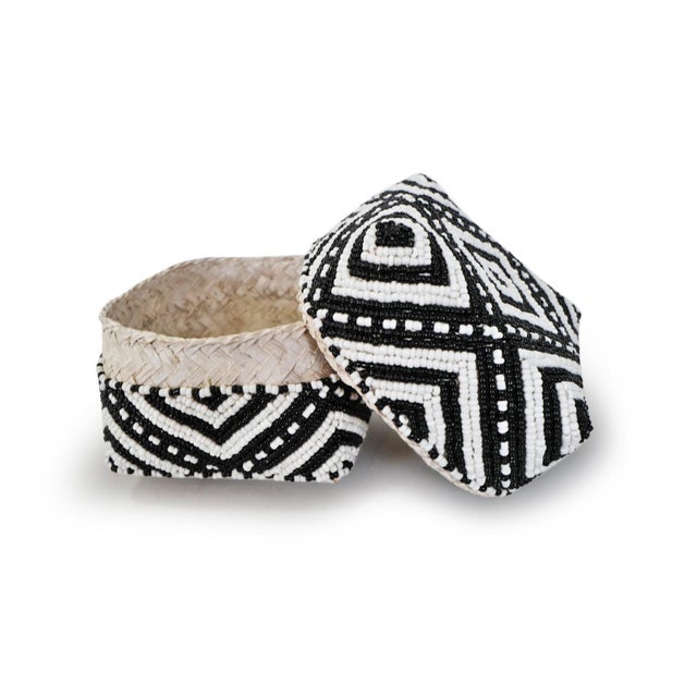 Beautiful vintage hand beaded accessory box made from woven bamboo and intricately covered with geometric triangle...