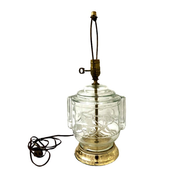 Transparent Pair of Art Deco-Inspired Clear Glass and Brass Lamps With Shades For Sale - Image 8 of 12