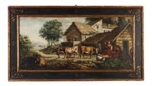 Central European School Artist, Bucolic Landscape with Figures and Animals, 19th Century, Oil Painting on Canvas, Framed