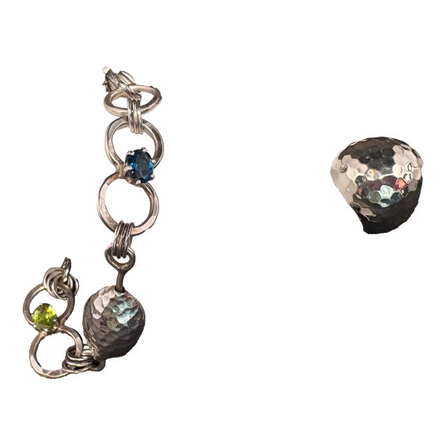 This is a beautiful Set of Hammered Sterling Silver Multi Gemstone Bracelet & Dome Ring marked SX .925. The Sterling...