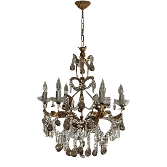 Crystal & Murano Glass Gold Leaf Chandelier For Sale