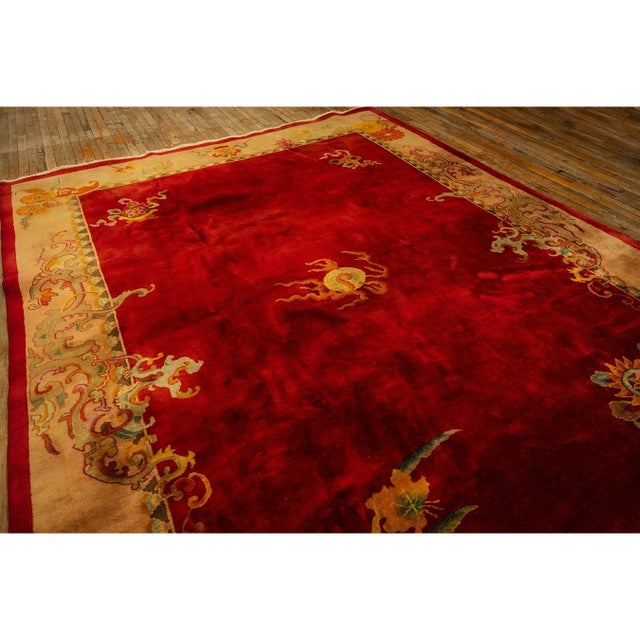 1920s 1920s Red Open Field 6Star Room Size Antique Chinese Knotted Wool Art Deco Rug For Sale - Image 5 of 11