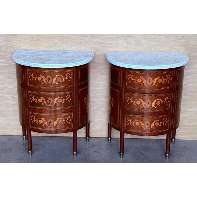 Louis XVI French Demilune Nightstands with Three Drawers, 1940s, Set of 2 For Sale - Image 3 of 8