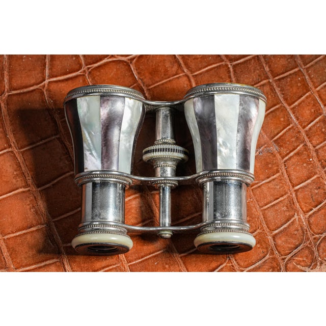 Beautiful Chrome Striped Purple and White Mother of Pearl Antique Victorian Opera Glasses With Leather Case For Sale - Image 12 of 16