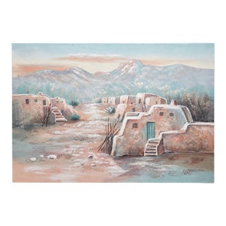 Large Signed Southwestern Adobe Village Landscape Painting For Sale