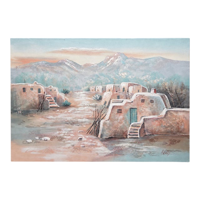 Late 20th Century Large Signed Southwestern Adobe Village Landscape Painting on Canvas For Sale