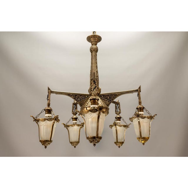 Art Deco Bronze and Frosted White Glass Five-Light Chandelier, France, 1925 For Sale - Image 10 of 18