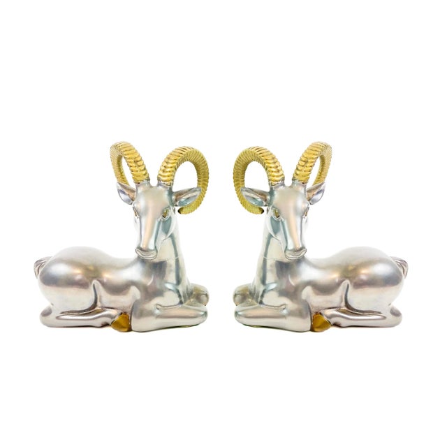 Mid Century Brass & Pewter Bookended Ram Statues, a Pair For Sale - Image 4 of 4