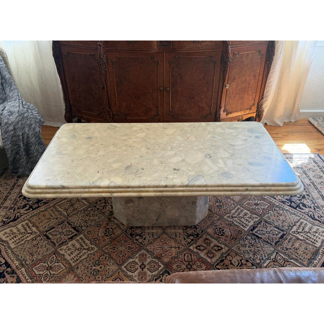 Postmodern Vintage Terrazzo Stone Coffee Table | Postmodern Pedestal Coffee Table | Italian Modern Style | Sculptural Cream Stone Cocktail Table For Sale - Image 3 of 5