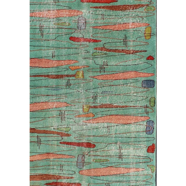 Kelly Green Vintage Rug in Abstract Modern Design in Light Teal Background by Keivan Woven Arts For Sale - Image 8 of 9