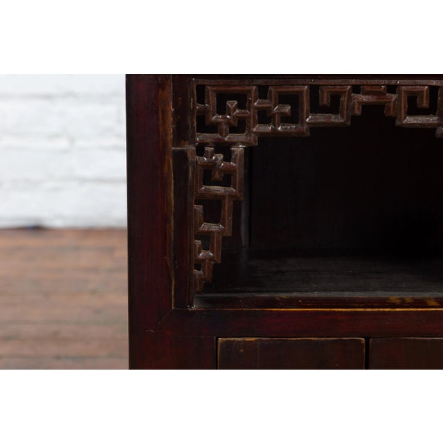 19th Century Chinese Qing Dynasty Side Cabinet with Fretwork Shelf & Doors For Sale - Image 11 of 13