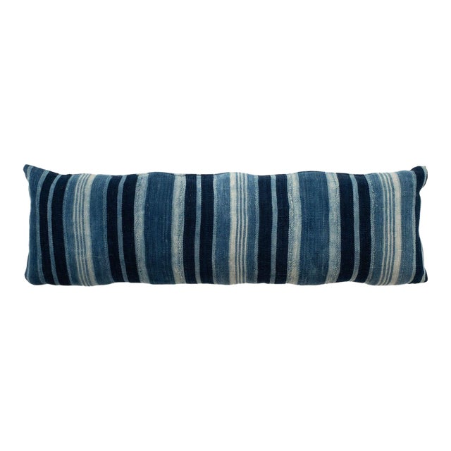Long Rich Faded Indigo Stripe Lumbar Cushion For Sale