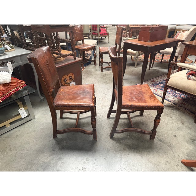 English Set of 4 19th-Century English Cromwellian Leather & Oak Dining Chairs For Sale - Image 3 of 18