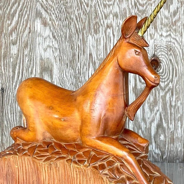 Vintage Boho Hand Carved Wood and Brass Unicorn For Sale - Image 12 of 12