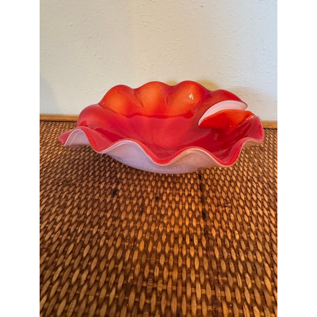 Beautiful Murano dish. 1960’s. Seguso. Persimmon and red with gold flecks. White back with Murano label on the back....