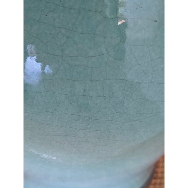 1970s Mid Century Modern Turquoise Pottery Lamp With Beaded Shade For Sale - Image 4 of 7
