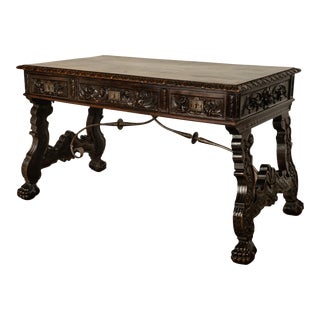 Antique Spanish Baroque Hand-Carved Walnut & Iron Trestle Desk & Chair 1860 - Set of 2 For Sale