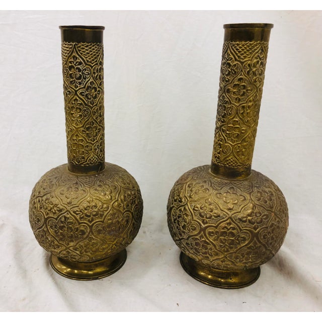 Pair Stunning Vintage Brass Vases with beautiful Floral Designs all over. Fabulous age and gold patina. Perfect flanking a...