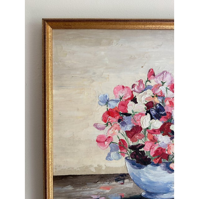 Raspberry Red American School, 20th Century, Still Life of a Bowl of Flowers, Oil on Canvas For Sale - Image 8 of 12