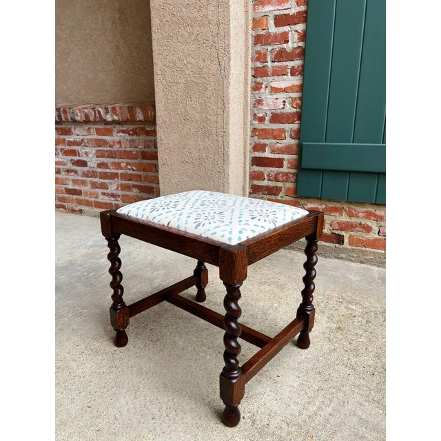 Antique English Oak Barley Twist Stool Bench Jacobean Revival Upholstered C1910 For Sale - Image 14 of 18