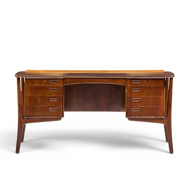 Svend Madsen Mid Century Danish Teak Curved Desk This desk measures: 60 wide x 29 deep x 28 high, with a chair clearance...