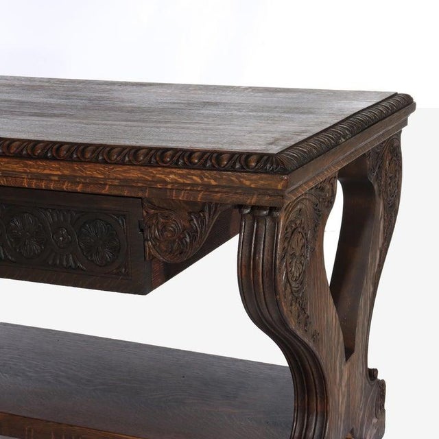 Arts & Crafts Carved Oak Trestle Library Table With Lyre Form Legs C1910 For Sale - Image 6 of 12