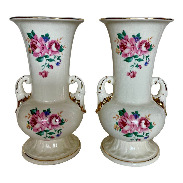 Vintage 1940s Porcelain Rose Urn Vases - Pair For Sale