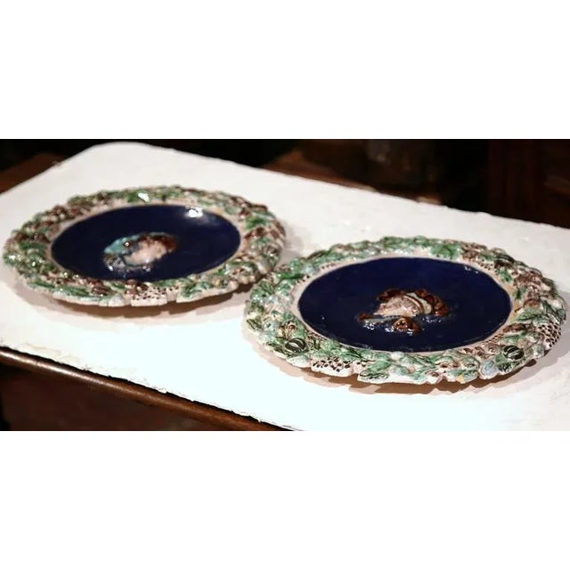 19th Century French Hand Painted Barbotine Chargers - A Pair For Sale - Image 9 of 11