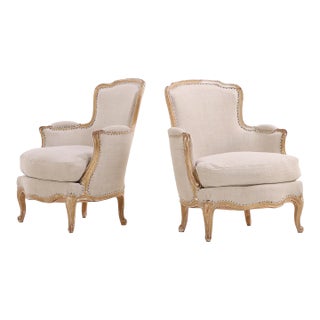 Pair of French Painted Bergères With New Upholstery, C. 1910 For Sale