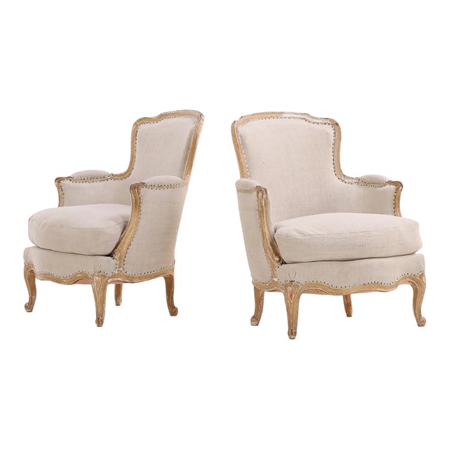 Pair of French Painted Bergères With New Upholstery, C. 1910 For Sale