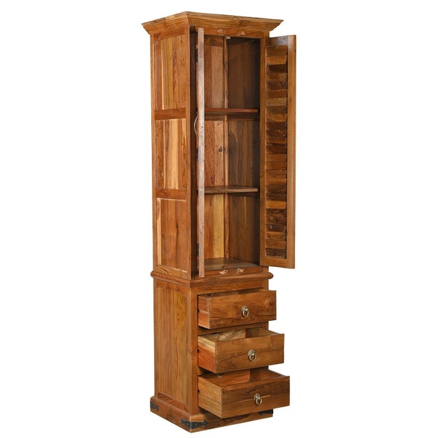 Farmhouse Vintage 84" Tall Louvered Shutter Armoire | Rustic Solid Wood Wardrobe With 3 Drawers | Hand Carved Farmhouse Bedroom Closet Storage For Sale - Image 3 of 5