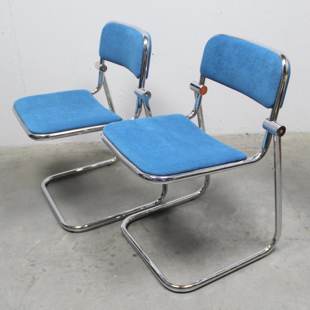 Bauhaus Blue Chrome Chairs, 1970s, Set of 6 For Sale - Image 6 of 10